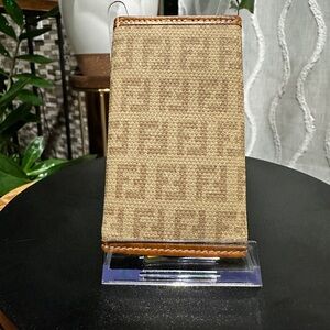 Fendi Zucca Monogram 6-Key Holder Wallet Canvas & Cognac Leather Italy Vintage